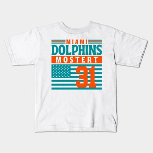 Miami Dolphins Mostert 31 American Flag Football Kids T-Shirt